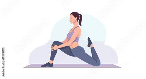 Woman in athletic wear performs a deep stretch on a yoga mat