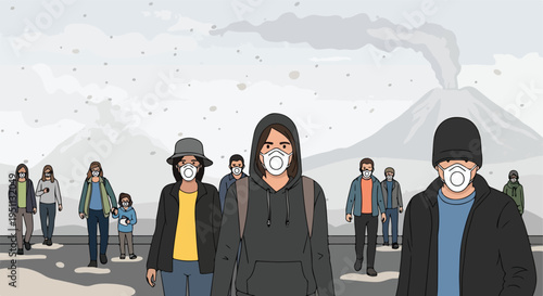 Diverse group of people wear masks walking in hazy, polluted air with a volcano erupting