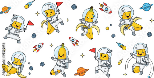 Cute banana astronaut characters vector set with space suits, rockets, planets and funny fruit mascots in playful cartoon cosmic illustration style for kids design