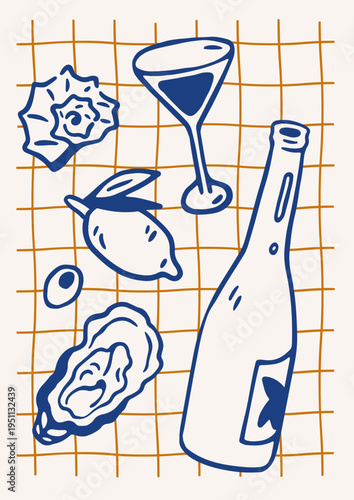 Dolce vita poster with coastal food and drink. Italian snacks, wine bottle, l...