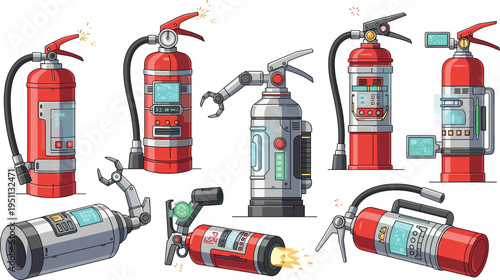 Futuristic fire extinguisher technology vector set with advanced safety equipment, robotic tools, digital displays and modern firefighting devices in detailed illustration style