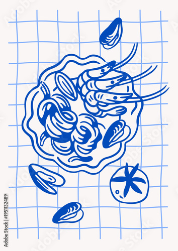 Seafood dish, doodle dolce vita poster design. Italian coastal sea food, shrimps and mussels pasta, sketch scribble card. Hand-drawn delicatessen, snack on table. Handdrawn vector illustration