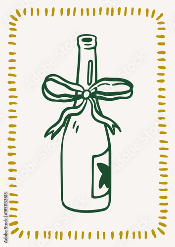 Wine bottle with ribbon bow, doodle framed card design. Dolce vita poster wit...