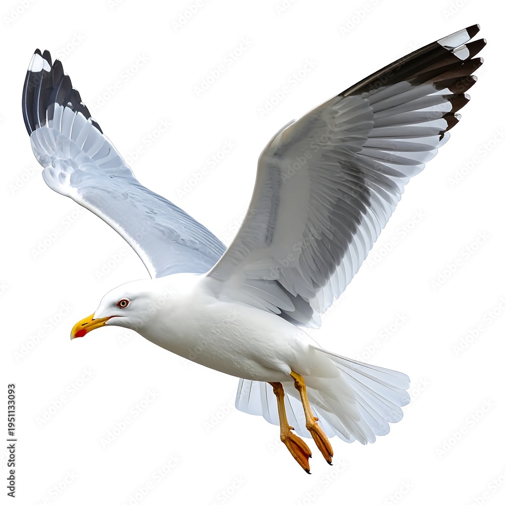 Fototapeta premium A white seagull in flight with outstretched wings