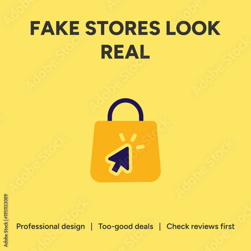 Vector graphic illustration warning about deceptive online shopping platforms where fake stores appear convincingly authentic demanding consumer vigilance for security