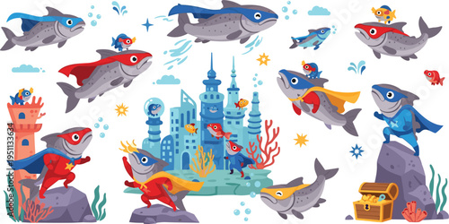 Superhero fish underwater vector set with ocean city, caped marine characters, adventure scenes and colorful aquatic illustrations in playful cartoon style for kids