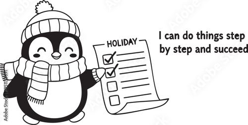 Adorable cartoon penguin wearing a scarf and hat holding a checklist with the word HOLIDAY and