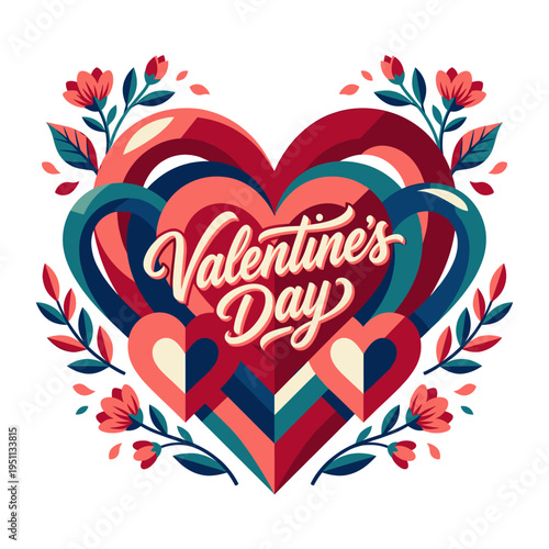 Layered Valentine heart artwork with interlocking ribbon forms, floral sprigs and playful script lettering, vibrant retro romance emblem in coral teal crimson and cream tones