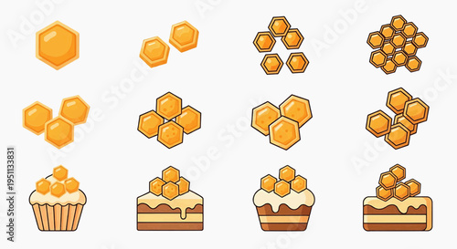 A collection of honeycombs and sweet desserts with honey on top neatly arranged.