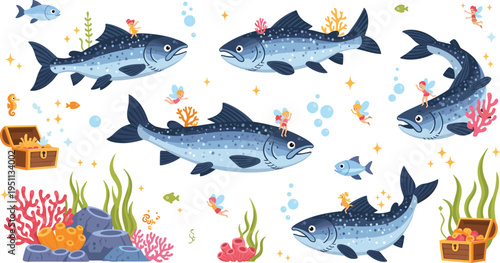 Underwater fish adventure vector set with ocean creatures, treasure chests, corals and playful marine characters in colorful cartoon illustration style for kids design