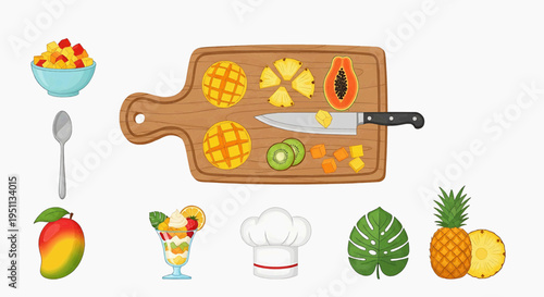 A chef prepares a colorful tropical fruit salad on a wooden cutting board outdoors