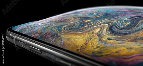 iPhone XS Max Displaying Abstract Swirls on Black Background, Close-Up.