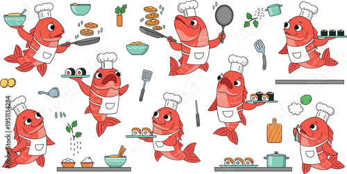 Cute fish chef characters vector set with cooking, sushi preparation, kitchen utensils and funny seafood mascots in playful cartoon illustration style