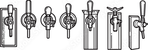 Various types of beer tap handles and faucets for dispensing beverages Vector