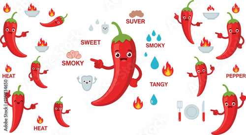 Chili pepper flavor icons vector set with spicy heat levels, sweet, smoky, tangy labels and cartoon pepper characters for food branding design