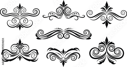 Vintage decorative calligraphic filigree ornaments set featuring elegant swirl dividers icate vector illustration collection.