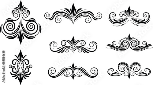Vintage decorative calligraphic filigree ornaments set l dividers floral borders and scroll vignettes for luxury wedding invitation branding and certificate vector illustration collection.