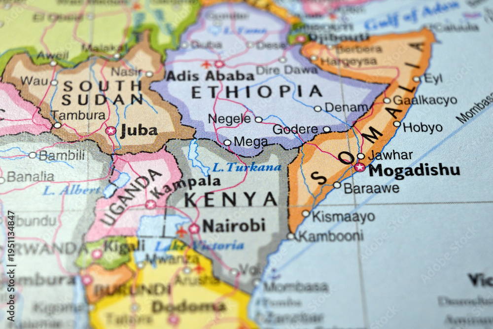 Naklejka premium Mega Ethiopia Macro World Map Defocused Bokeh Background Close Up Geographic Image