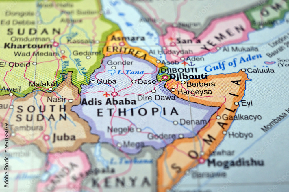 Naklejka premium Dese Ethiopia Macro World Map Defocused Bokeh Background Close Up Geographic Image