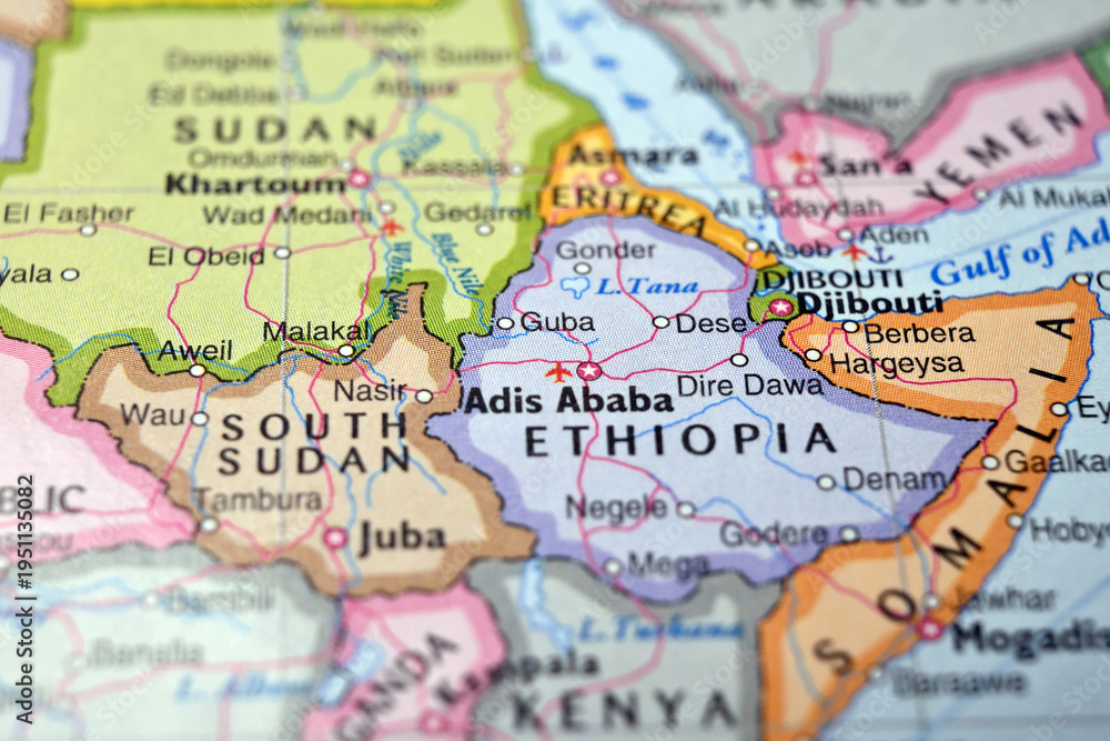 Naklejka premium Guba Ethiopia Macro World Map Defocused Bokeh Background Close Up Geographic Image