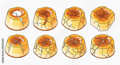 Illustration of seven cracked desserts on a plate from a top view