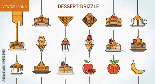 Sweet treats icons with desserts and fruits on sticks and plates