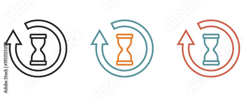 Hourglass refresh icons, hourglass icon surrounded by a circular arrow isolated on white background.