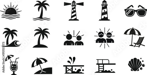 Black and white beach icons set