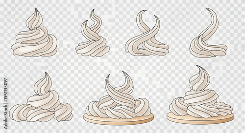 Whipped cream toppings are placed on various desserts and plates on a table indoors.