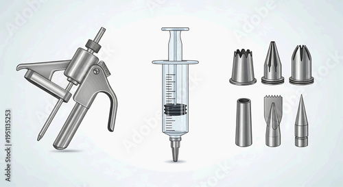 Medical professional preparing injection equipment with various nozzle attachments