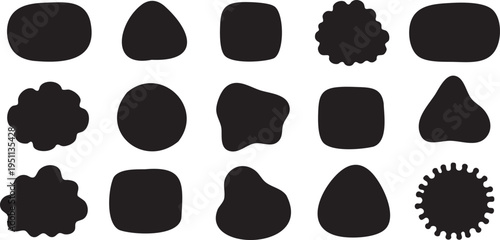 Collection of diverse black solid shapes with irregular and organic forms abstract