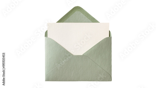 Fotografie Open light green textured envelope with a blank cream-colored card partially vis