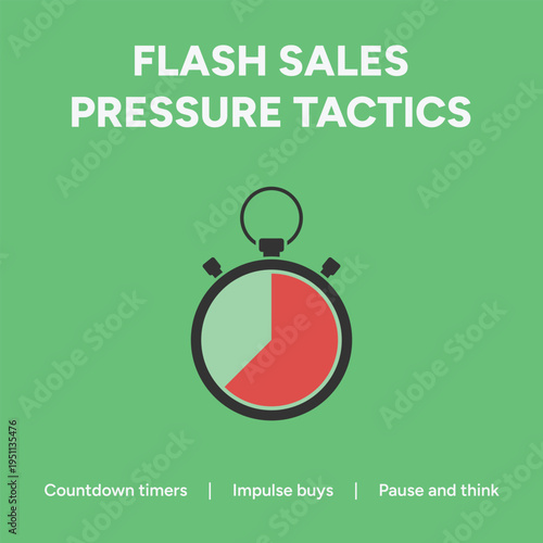 Simple vector graphic illustration depicting a stopwatch representing flash sales pressure tactics encouraging quick decision making for consumer purchases