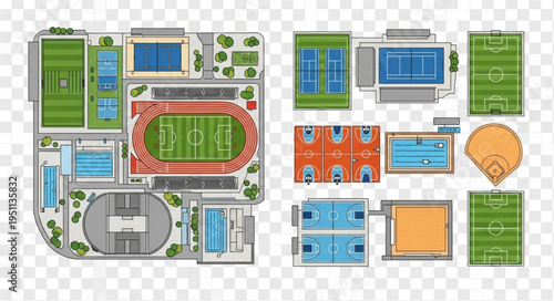 Overhead View of Sports Complex with Various Fields and Courts.