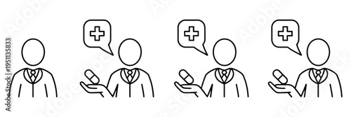 Pharmacist icon set outline style with various sizes, vector illustrations of pharmacy professionals, medicine, and healthcare symbols