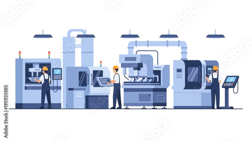 Skilled Industrial Workers Operating Automated Manufacturing Machinery in a Modern Factory Illustration. Technicians Overseeing Production Line Processes