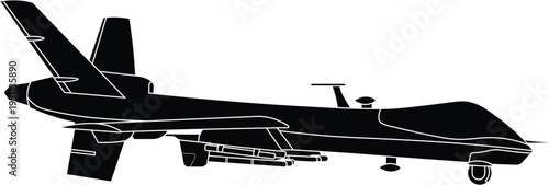 Silhouette of an unmanned aerial vehicle with missiles side view vector illustration. Combat drone silhouette.