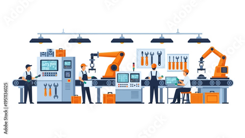 Automated manufacturing on a factory production line with workers, robotic arms, and modern industrial machinery illustration.