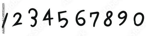Stylish black handwritten numbers one through zero featuring a casual brush stroke font perfect for educational or decorative designs