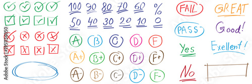Hand drawn school report card symbols and academic grade marks assessment feedback icons collection