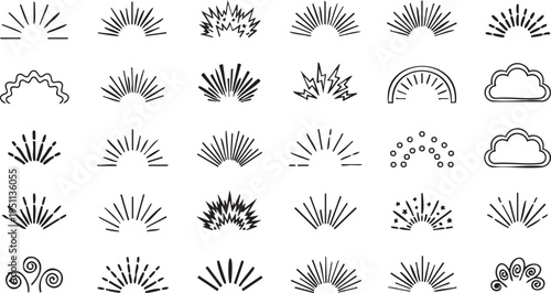 Diverse collection of hand-drawn sunbursts explosions and cloud in black and white Keywords