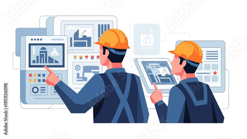 Industrial engineers operating automated systems on control panels, overseeing smart factory production with digital interfaces