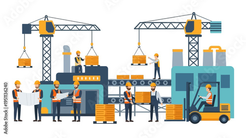 Modern factory operations illustration: skilled workers, heavy machinery, and material handling processes ensure smooth industrial production flow.