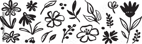 Hand Drawn Black Ink Style Flowers and Leaves on White Background call