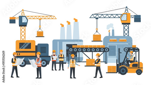 Busy industrial site with diverse workers managing construction and manufacturing processes using heavy machinery and logistics systems, flat vector illustration.
