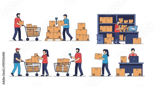 Warehouse workers efficiently managing logistics, scanning and organizing packages in a busy distribution center, flat vector illustration.