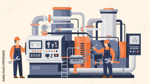 Skilled Industrial Workers Performing Maintenance on Complex Factory Machinery - Flat Design Illustration of Engineering Task