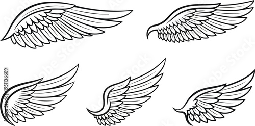 A set of black vector wings featuring bird and eagle silhouettes in a tribal tattoo design for angel or animal flight illustrations