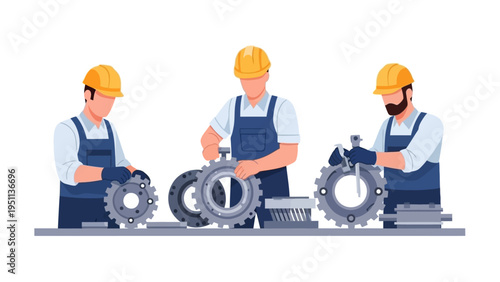 Three industrial workers in safety helmets and overalls carefully assembling mechanical gears and components on a workbench in a factory setting, illustrating precision engineering and teamwork.