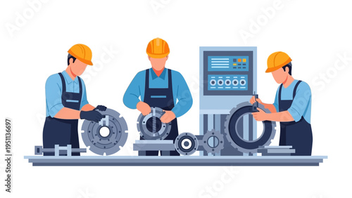 Skilled industrial workers assembling and maintaining complex mechanical components and machinery in a workshop environment.